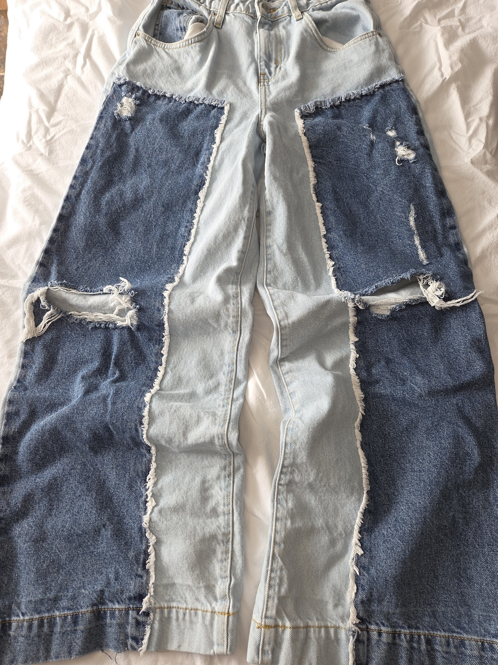 Forever 21 Two-Tone Light and Dark Blue Patchwork Wide-Leg Jeans